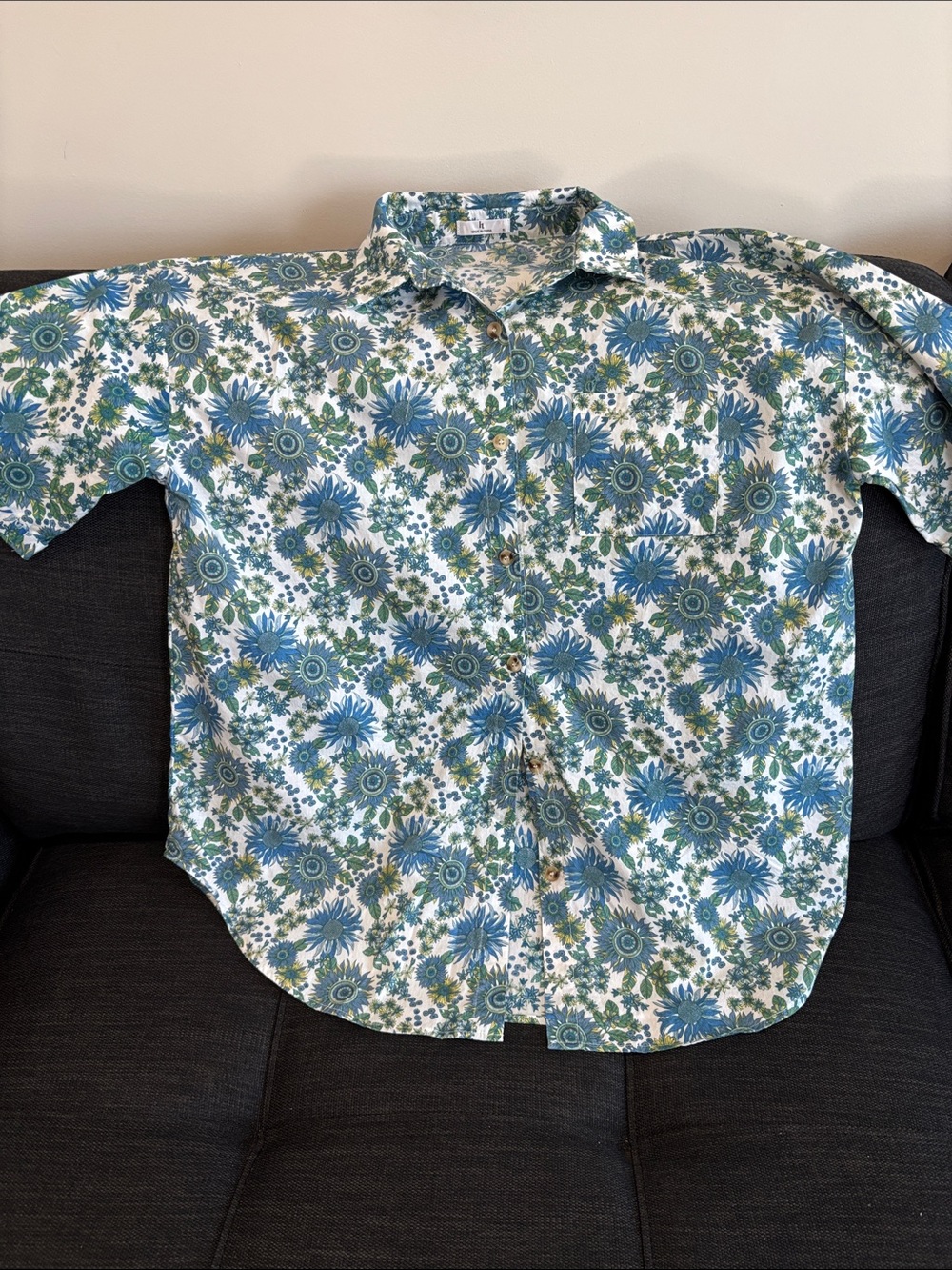 Women's, Floral Button-Down Camp Shirt - Blue & Green, size XL short sleeves